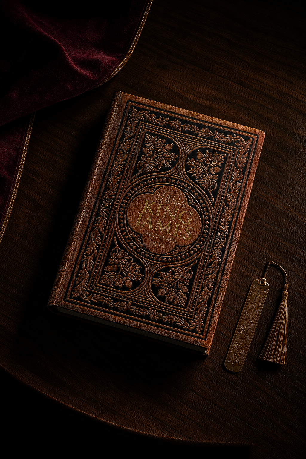 Foto do livro Bíblia de Estudo King James Atualizada deitado em estúdio escuro